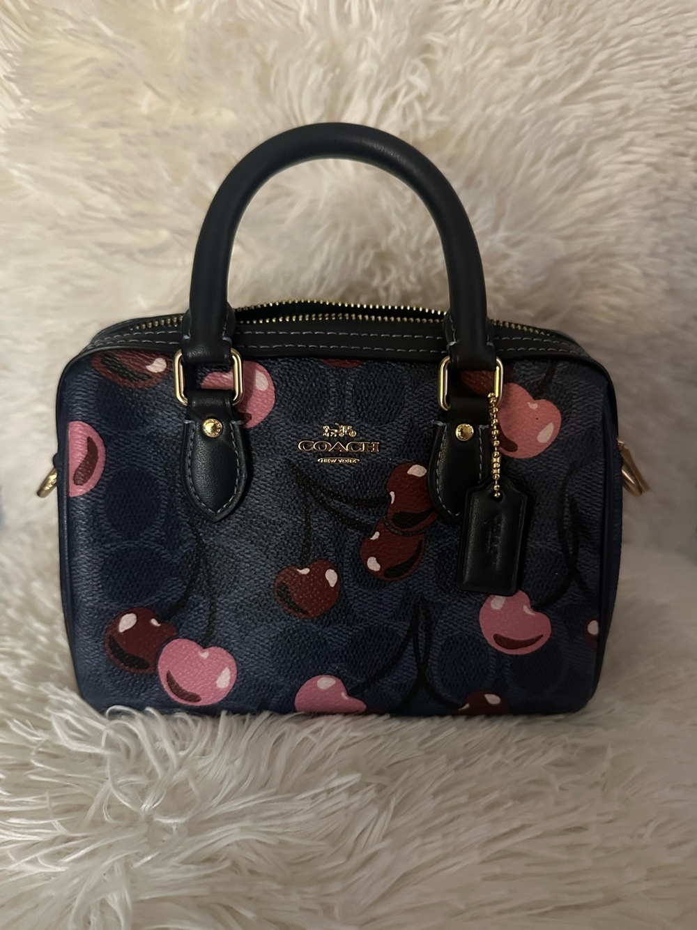 Coach Navy Mini Satchel with Pink and Burgundy Cherry Print